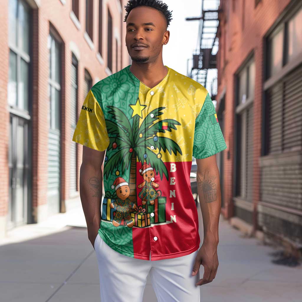 Benin Christmas Baseball Jersey Palm Tree Dolls and Red Yellow Green Festive - African Pride