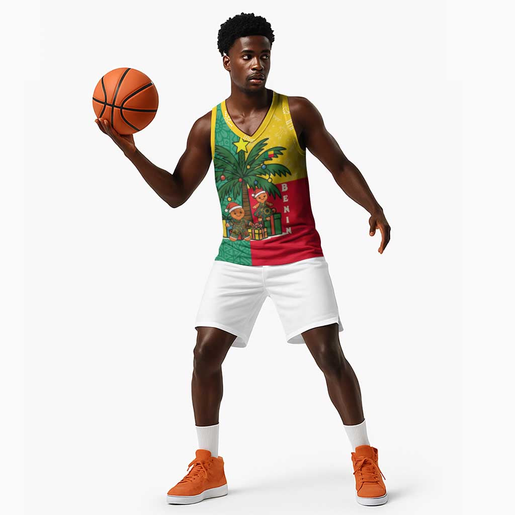 Benin Christmas Basketball Jersey Palm Tree Dolls and Red Yellow Green Festive - African Pride