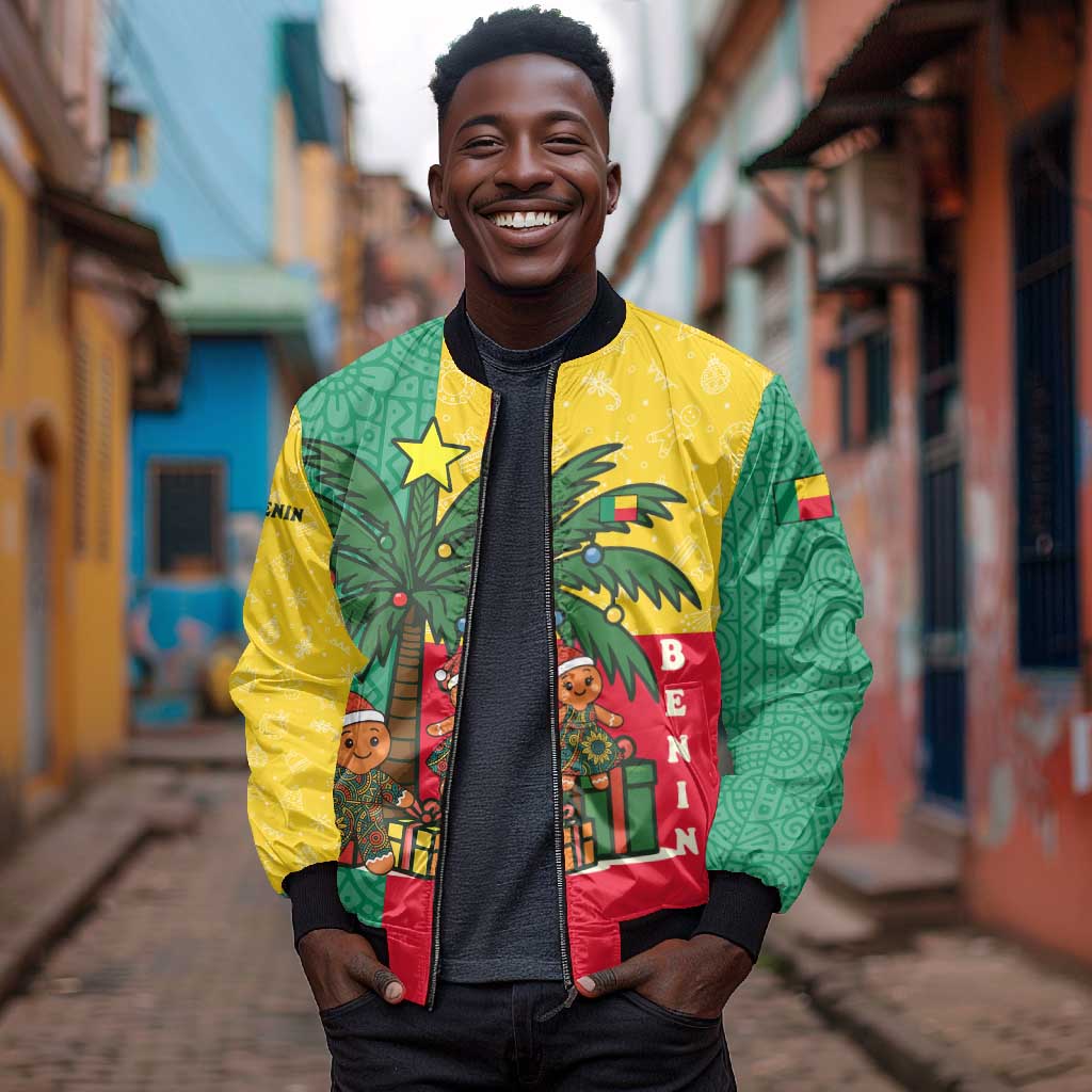 Benin Christmas Bomber Jacket Palm Tree Dolls and Red Yellow Green Festive - African Pride