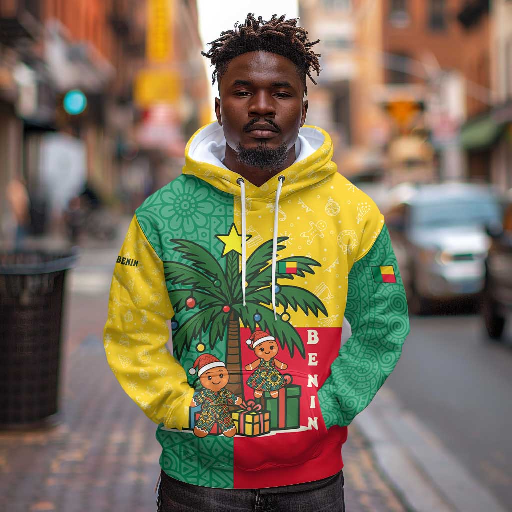 Benin Christmas Hoodie Palm Tree Dolls and Red Yellow Green Festive - African Pride