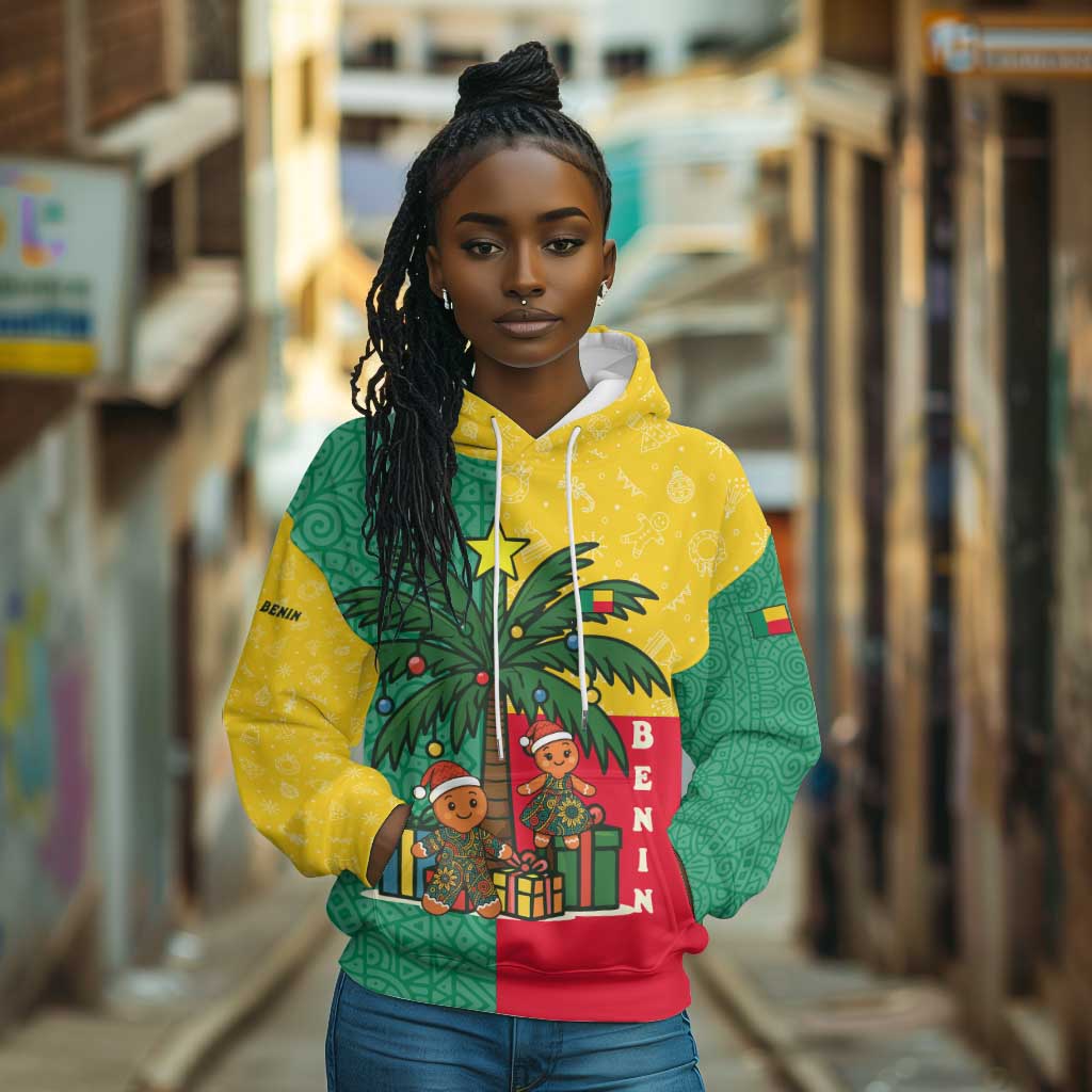 Benin Christmas Hoodie Palm Tree Dolls and Red Yellow Green Festive - African Pride