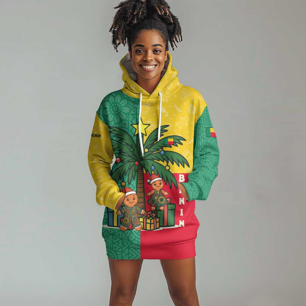 Benin Christmas Hoodie Dress Palm Tree Dolls and Red Yellow Green Festive - African Pride