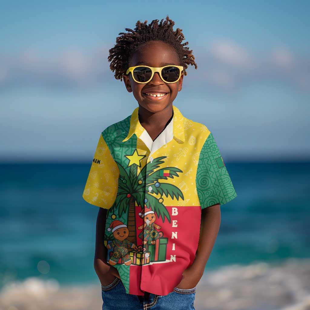 Benin Christmas Kid Hawaiian Shirt Palm Tree Dolls and Red Yellow Green Festive - African Pride