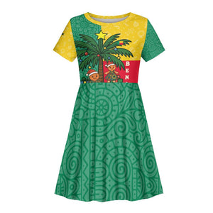 Benin Christmas Kid Short Sleeve Dress Palm Tree Dolls and Red Yellow Green Festive - African Pride
