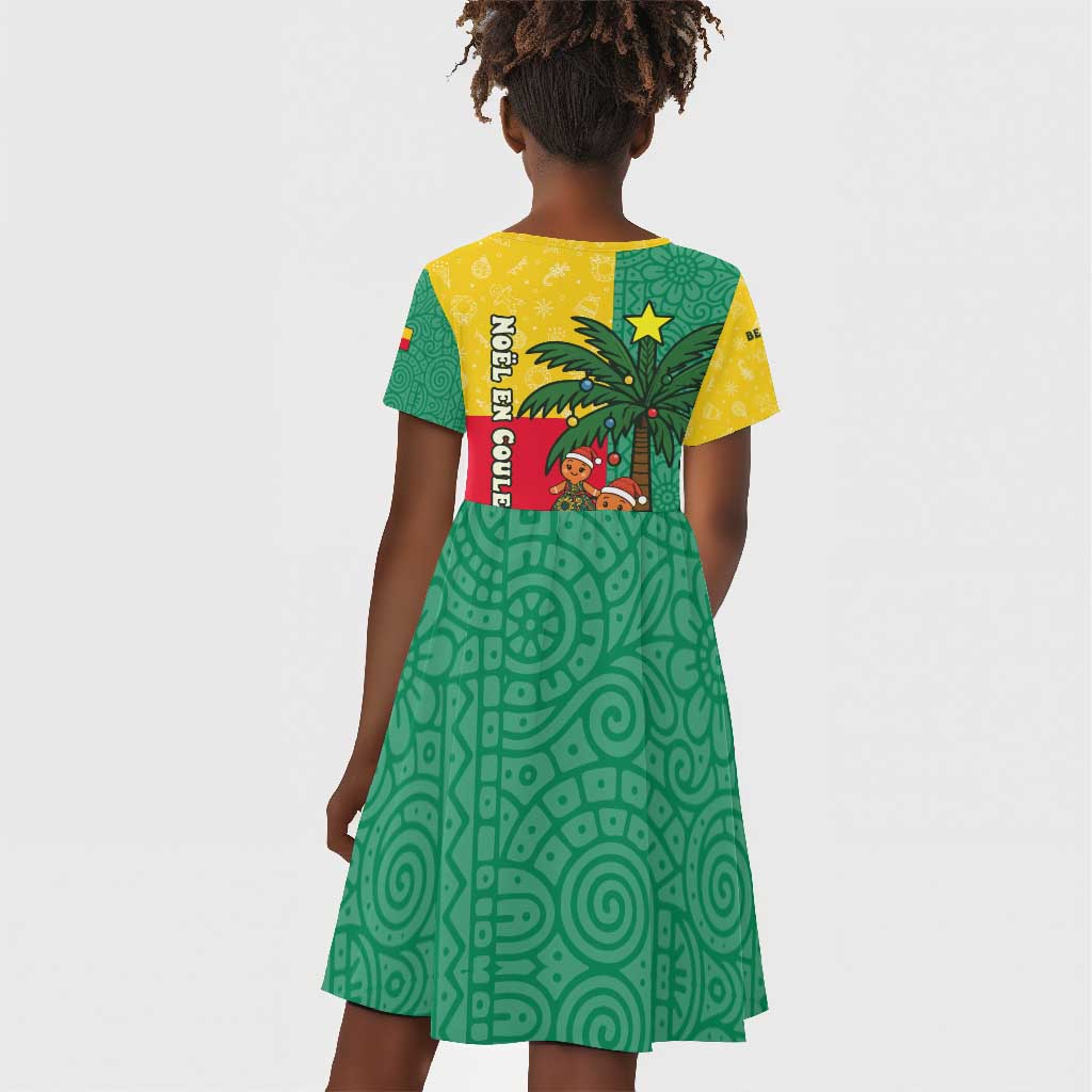 Benin Christmas Kid Short Sleeve Dress Palm Tree Dolls and Red Yellow Green Festive - African Pride