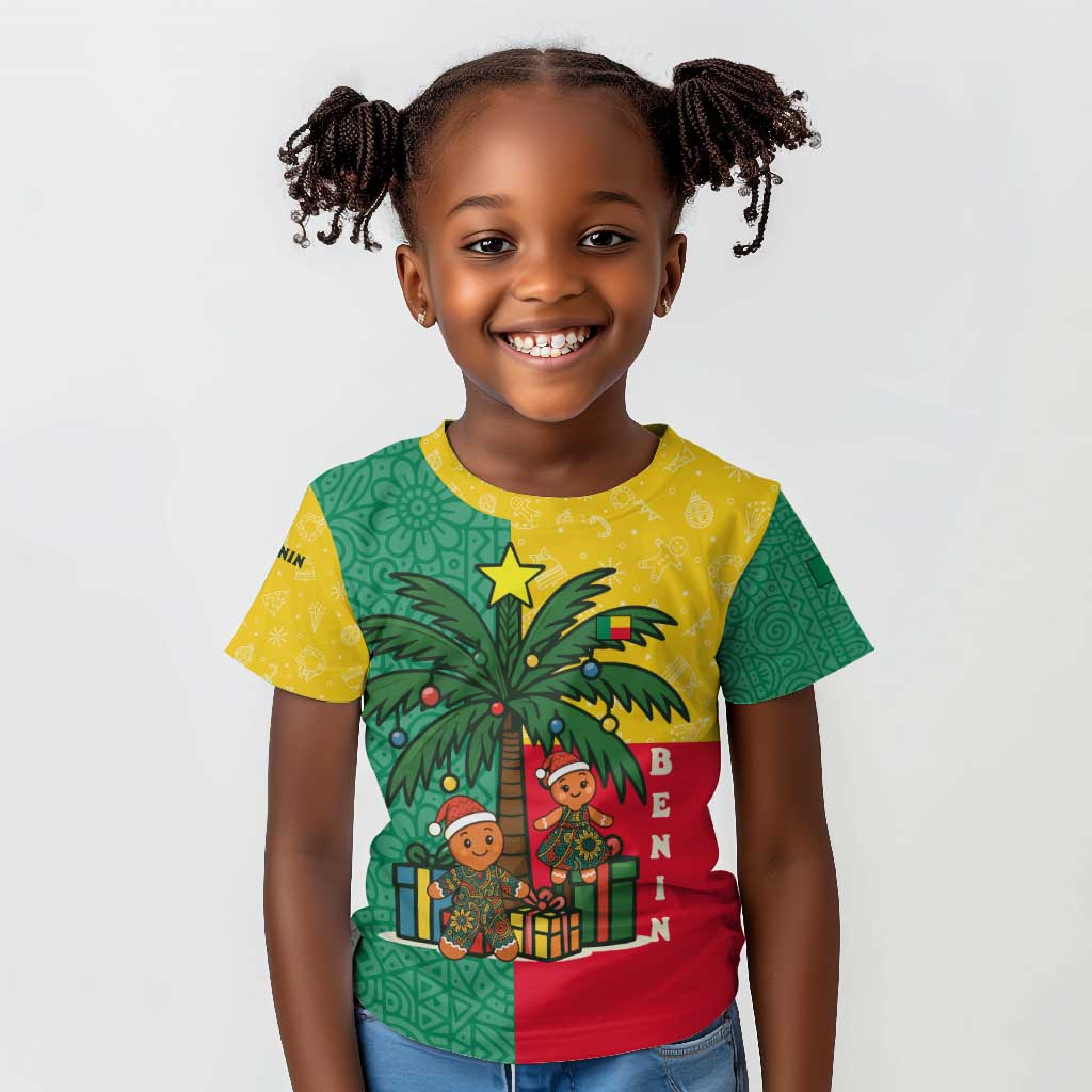 Benin Christmas Kid T shirt Palm Tree Dolls and Red Yellow Green Festive - African Pride