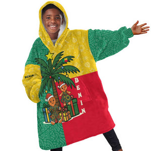 Benin Christmas Kid Wearable Blanket Hoodie Palm Tree Dolls and Red Yellow Green Festive - African Pride