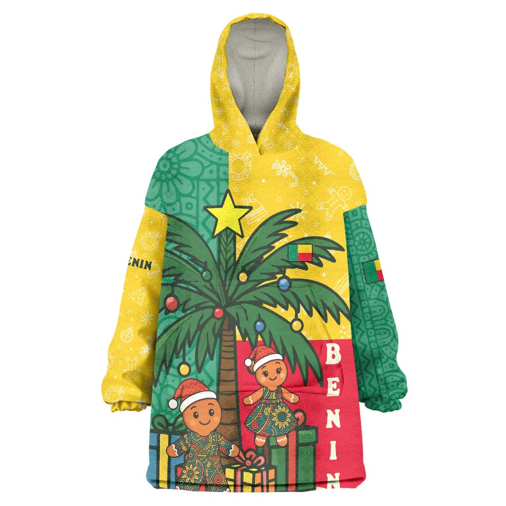 Benin Christmas Kid Wearable Blanket Hoodie Palm Tree Dolls and Red Yellow Green Festive - African Pride