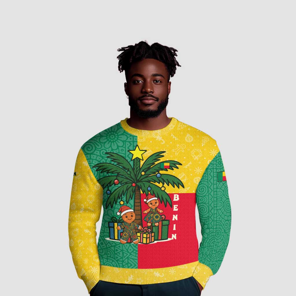 Benin Christmas Ugly Christmas Sweater Palm Tree Dolls and Red Yellow Green Festive - African Pride