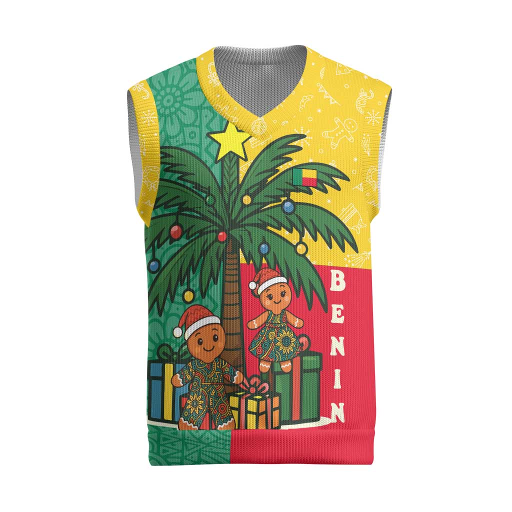 Benin Christmas Knitted V-Neck Vest Palm Tree Dolls and Red Yellow Green Festive - African Pride