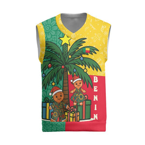 Benin Christmas Knitted V-Neck Vest Palm Tree Dolls and Red Yellow Green Festive - African Pride