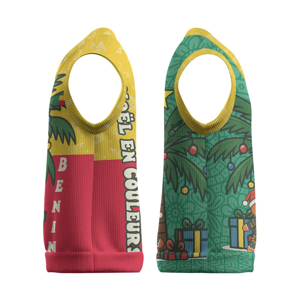 Benin Christmas Knitted V-Neck Vest Palm Tree Dolls and Red Yellow Green Festive - African Pride