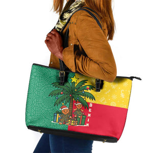Benin Christmas Leather Tote Bag Palm Tree Dolls and Red Yellow Green Festive - African Pride