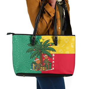 Benin Christmas Leather Tote Bag Palm Tree Dolls and Red Yellow Green Festive - African Pride