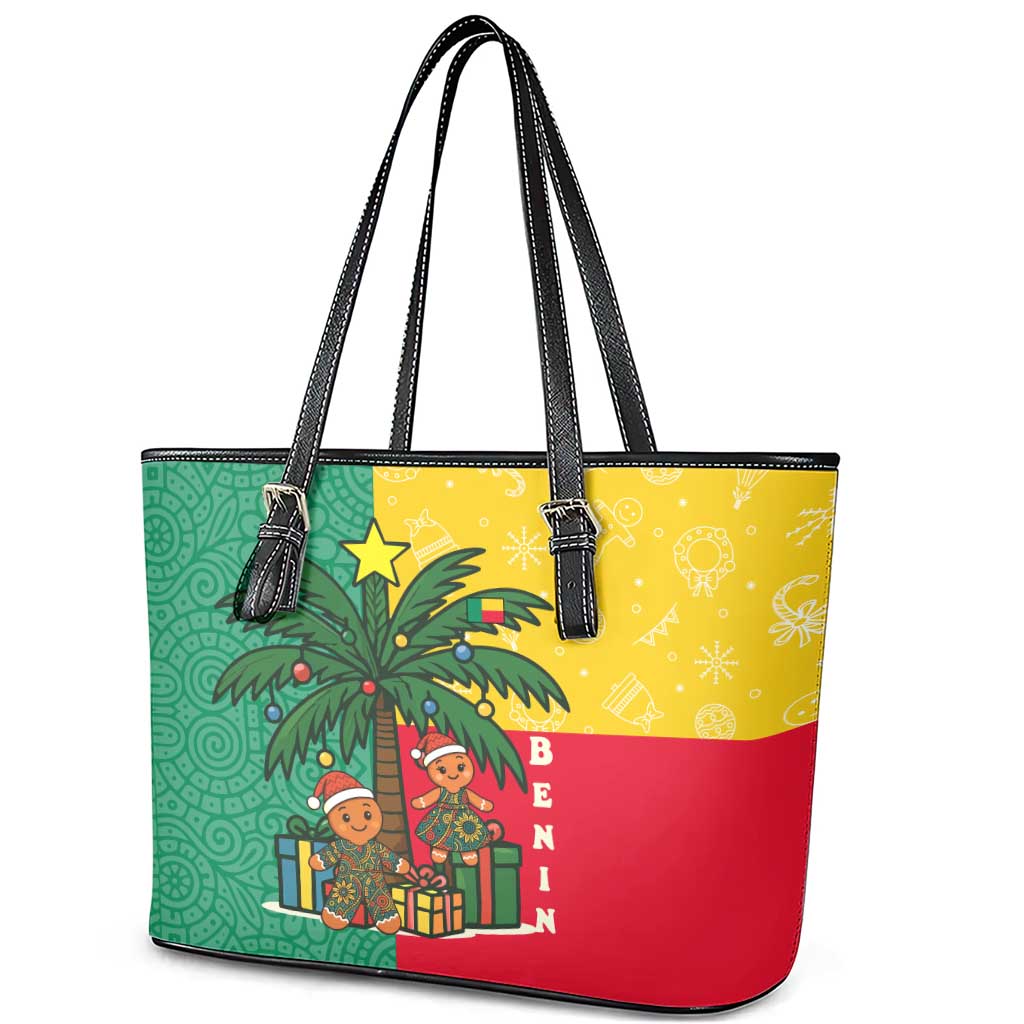 Benin Christmas Leather Tote Bag Palm Tree Dolls and Red Yellow Green Festive - African Pride