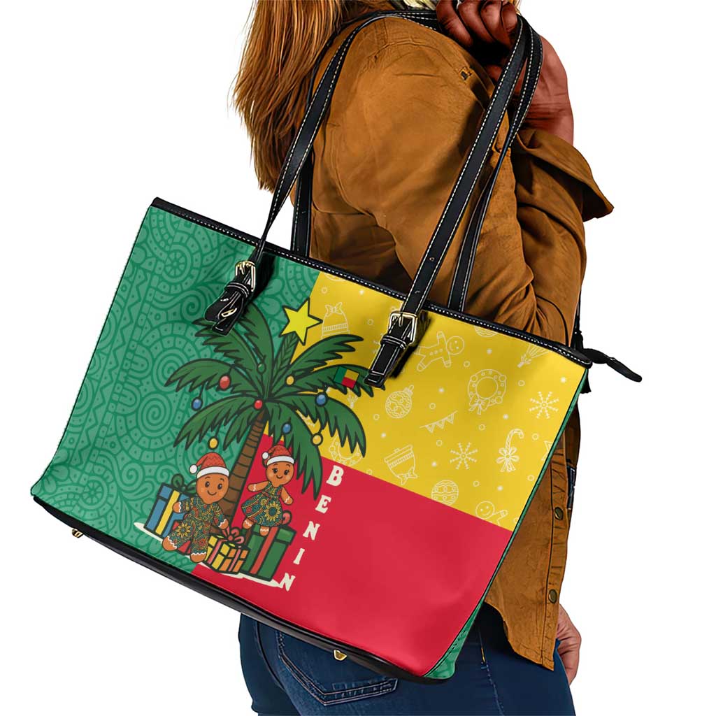 Benin Christmas Leather Tote Bag Palm Tree Dolls and Red Yellow Green Festive - African Pride
