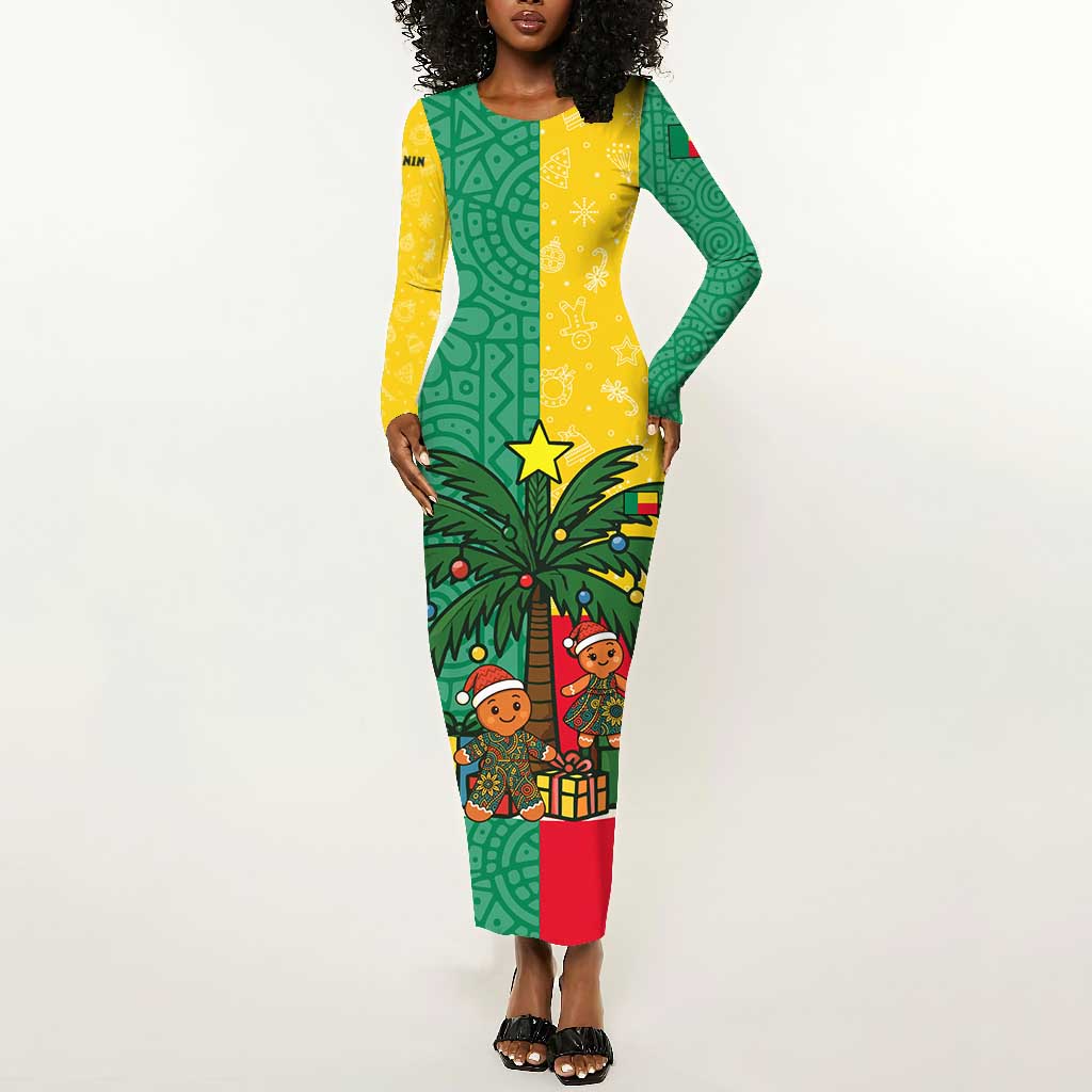 Benin Christmas Long Sleeve Bodycon Dress Palm Tree Dolls and Red Yellow Green Festive - African Pride