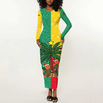 Benin Christmas Long Sleeve Bodycon Dress Palm Tree Dolls and Red Yellow Green Festive - African Pride