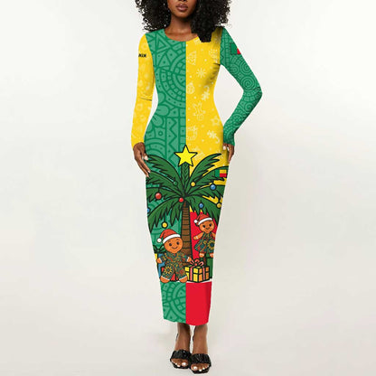 Benin Christmas Long Sleeve Bodycon Dress Palm Tree Dolls and Red Yellow Green Festive - African Pride