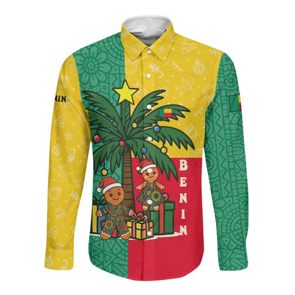 Benin Christmas Long Sleeve Button Shirt Palm Tree Dolls and Red Yellow Green Festive - African Pride