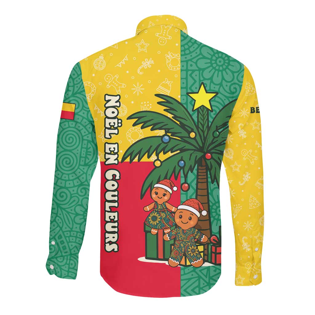 Benin Christmas Long Sleeve Button Shirt Palm Tree Dolls and Red Yellow Green Festive - African Pride