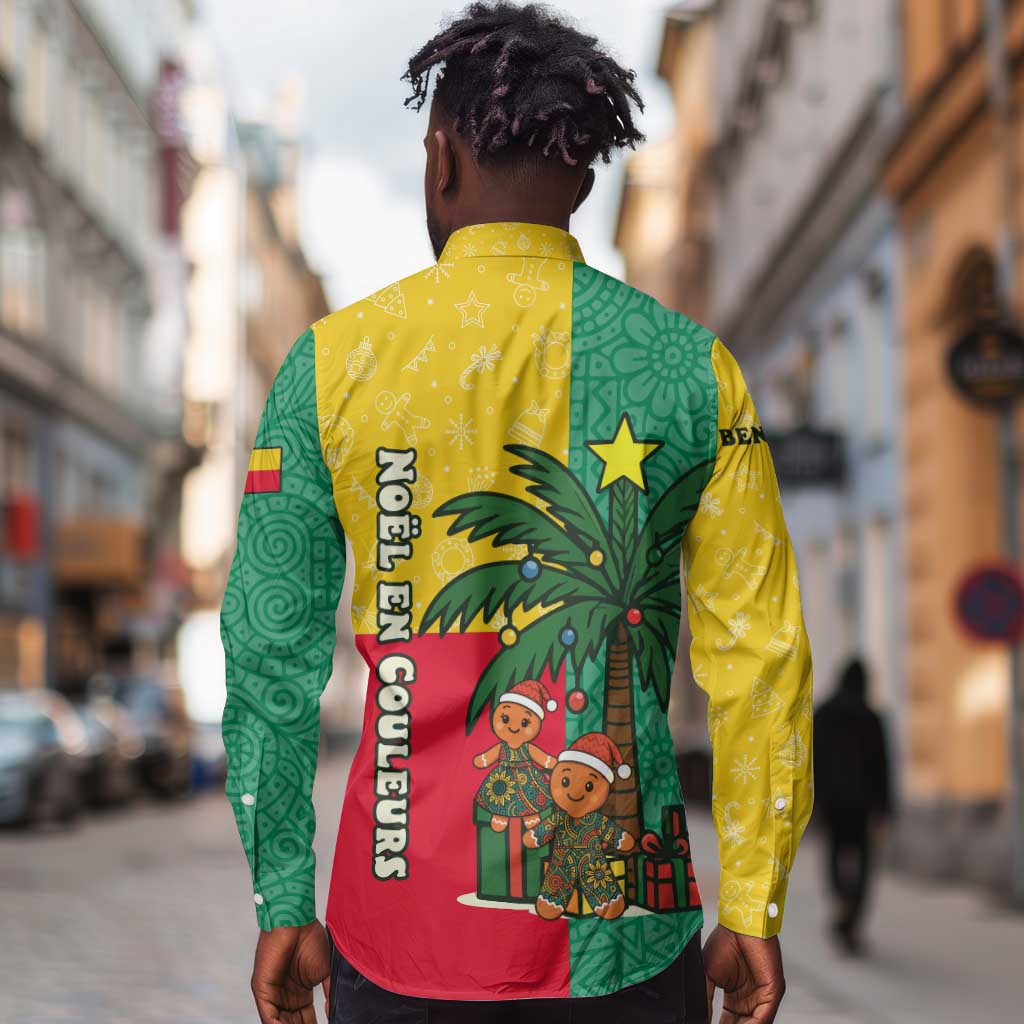 Benin Christmas Long Sleeve Button Shirt Palm Tree Dolls and Red Yellow Green Festive - African Pride