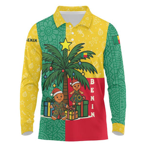 Benin Christmas Long Sleeve Polo Shirt Palm Tree Dolls and Red Yellow Green Festive - African Pride