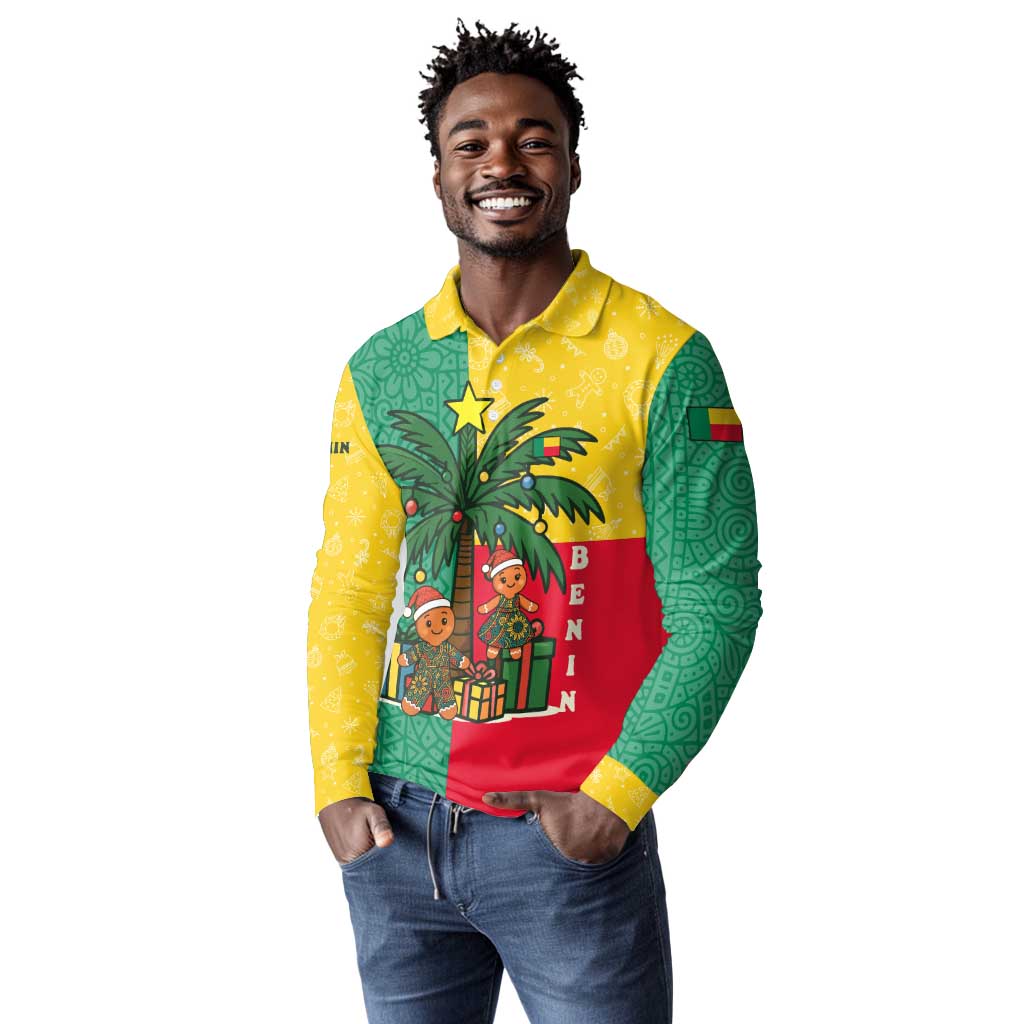 Benin Christmas Long Sleeve Polo Shirt Palm Tree Dolls and Red Yellow Green Festive - African Pride