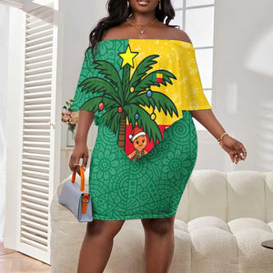 Benin Christmas Off Shoulder Short Dress Palm Tree Dolls and Red Yellow Green Festive - African Pride