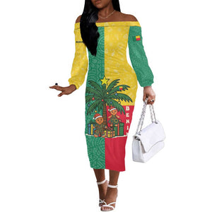 Benin Christmas Off The Shoulder Long Sleeve Dress Palm Tree Dolls and Red Yellow Green Festive - African Pride