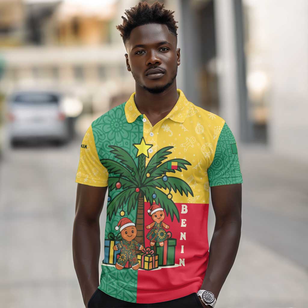 Benin Christmas Polo Shirt Palm Tree Dolls and Red Yellow Green Festive - African Pride