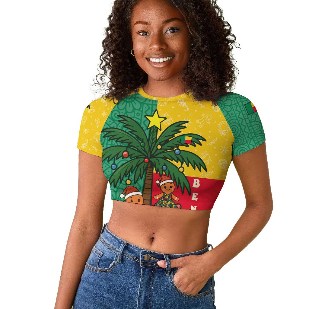 Benin Christmas Raglan Cropped T shirt Palm Tree Dolls and Red Yellow Green Festive - African Pride