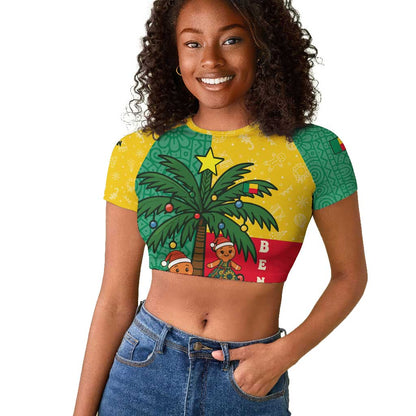 Benin Christmas Raglan Cropped T shirt Palm Tree Dolls and Red Yellow Green Festive - African Pride