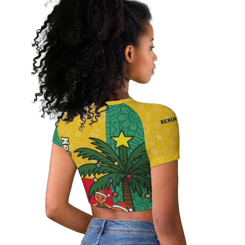 Benin Christmas Raglan Cropped T shirt Palm Tree Dolls and Red Yellow Green Festive - African Pride