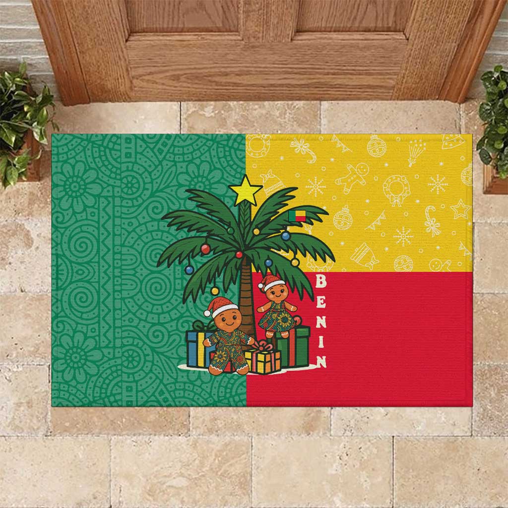 Benin Christmas Rubber Doormat Palm Tree Dolls and Red Yellow Green Festive - African Pride