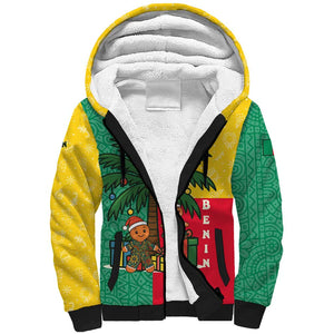 Benin Christmas Sherpa Hoodie Palm Tree Dolls and Red Yellow Green Festive - African Pride