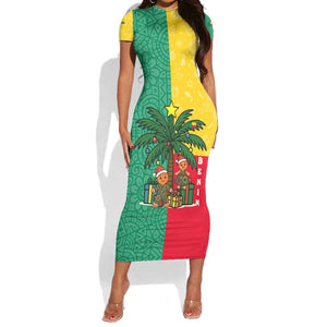 Benin Christmas Short Sleeve Bodycon Dress Palm Tree Dolls and Red Yellow Green Festive - African Pride