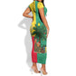 Benin Christmas Short Sleeve Bodycon Dress Palm Tree Dolls and Red Yellow Green Festive - African Pride