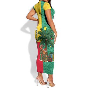 Benin Christmas Short Sleeve Bodycon Dress Palm Tree Dolls and Red Yellow Green Festive - African Pride