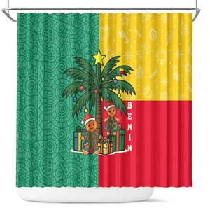 Benin Christmas Shower Curtain Palm Tree Dolls and Red Yellow Green Festive - African Pride