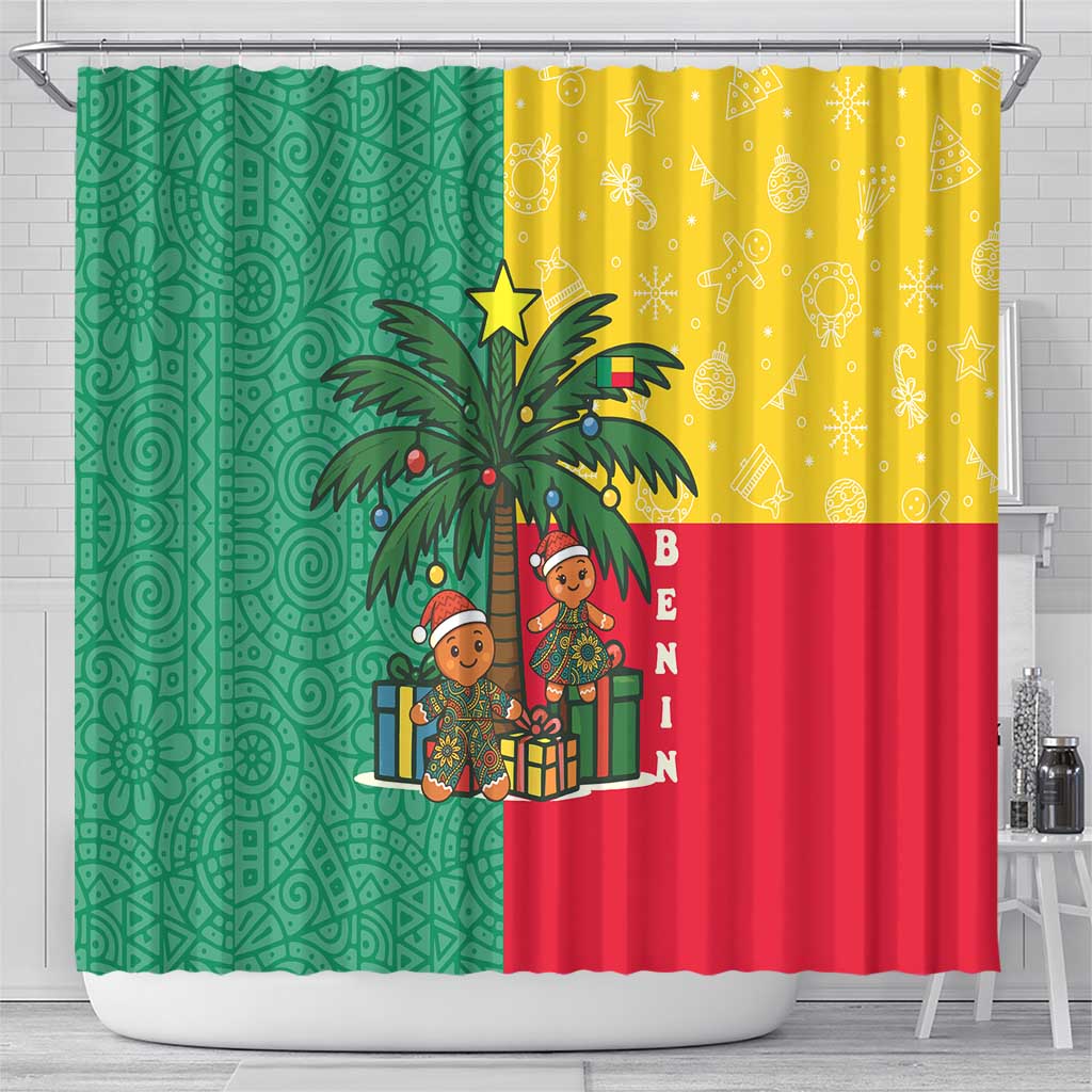 Benin Christmas Shower Curtain Palm Tree Dolls and Red Yellow Green Festive - African Pride
