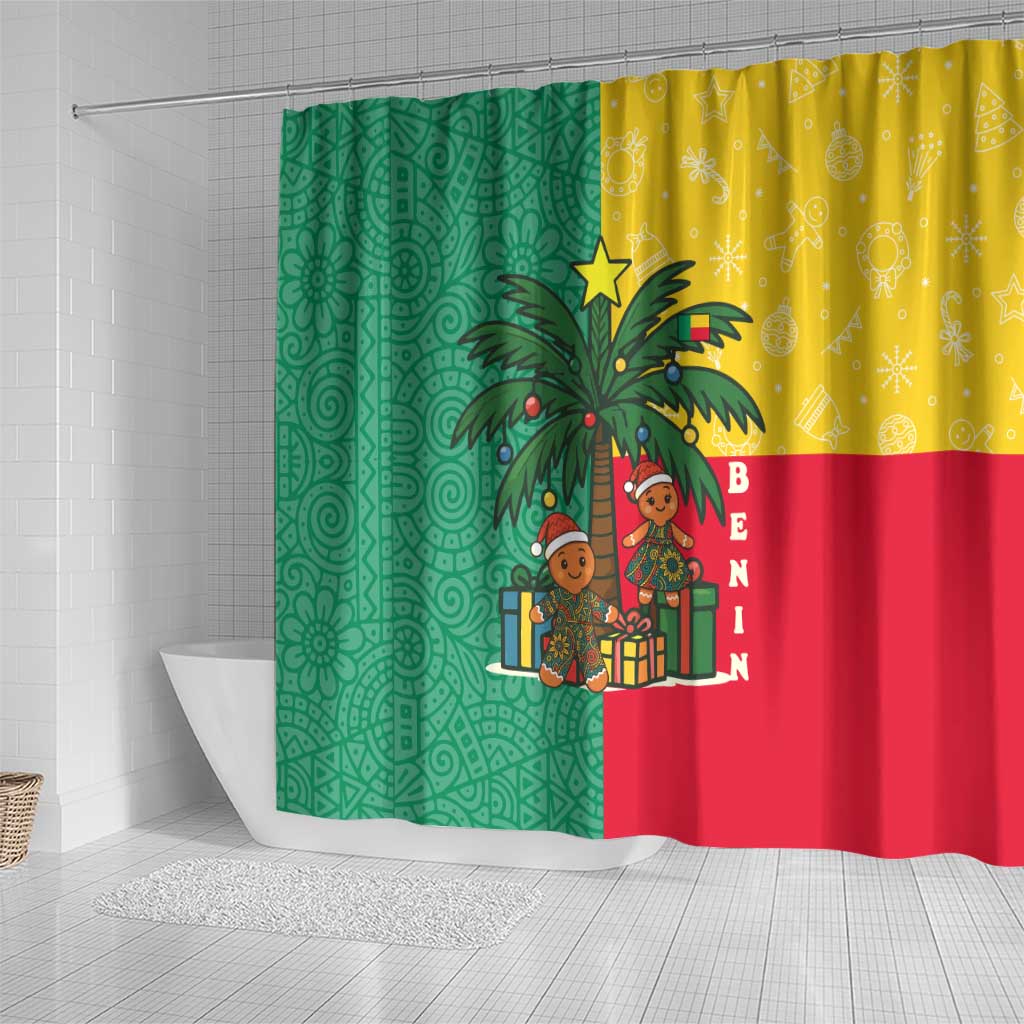 Benin Christmas Shower Curtain Palm Tree Dolls and Red Yellow Green Festive - African Pride