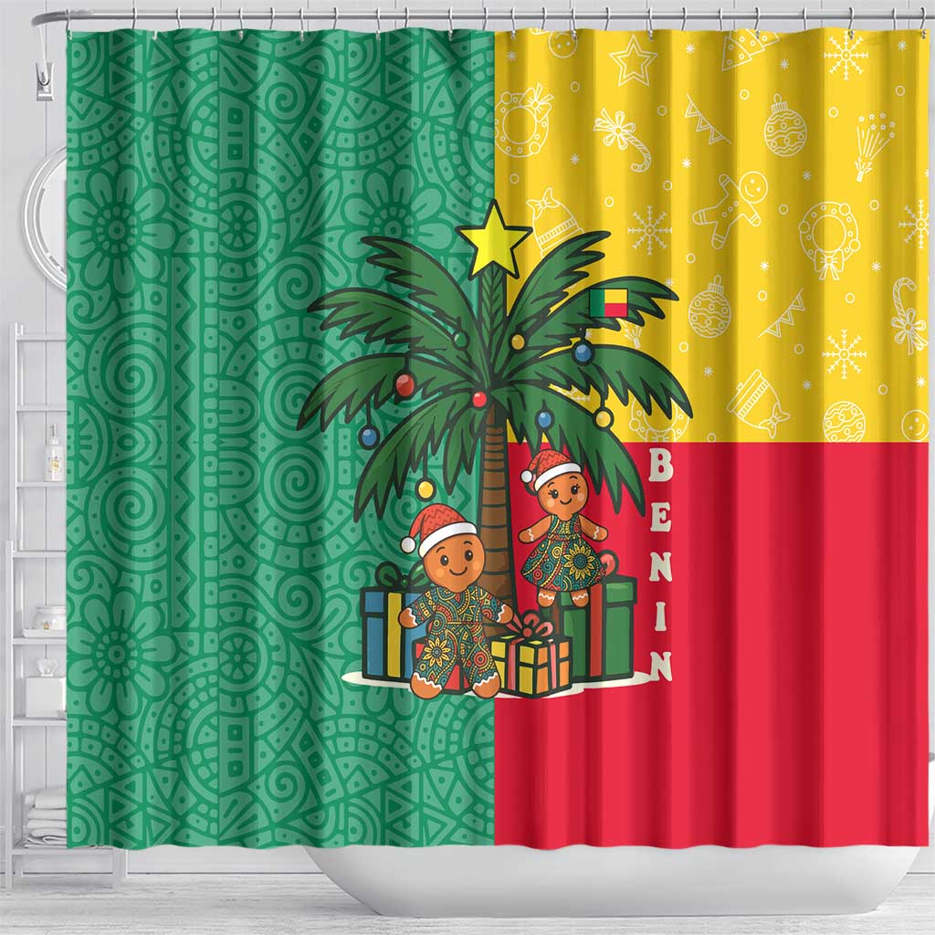 Benin Christmas Shower Curtain Palm Tree Dolls and Red Yellow Green Festive - African Pride