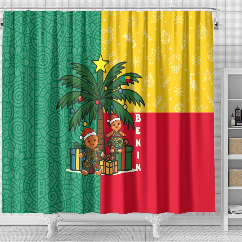 Benin Christmas Shower Curtain Palm Tree Dolls and Red Yellow Green Festive - African Pride