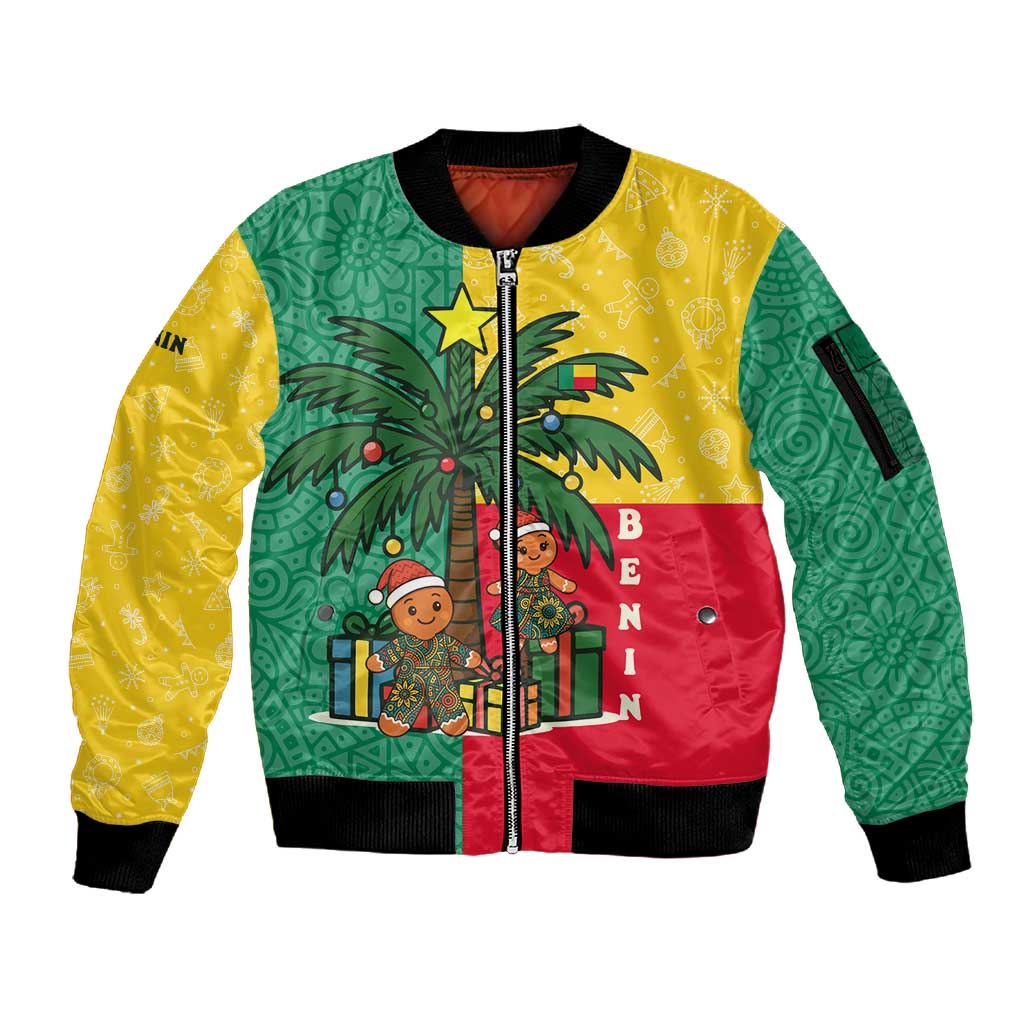 Benin Christmas Sleeve Zip Bomber Jacket Palm Tree Dolls and Red Yellow Green Festive - African Pride