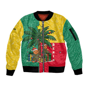Benin Christmas Sleeve Zip Bomber Jacket Palm Tree Dolls and Red Yellow Green Festive - African Pride