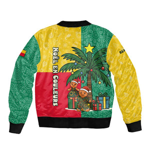 Benin Christmas Sleeve Zip Bomber Jacket Palm Tree Dolls and Red Yellow Green Festive - African Pride