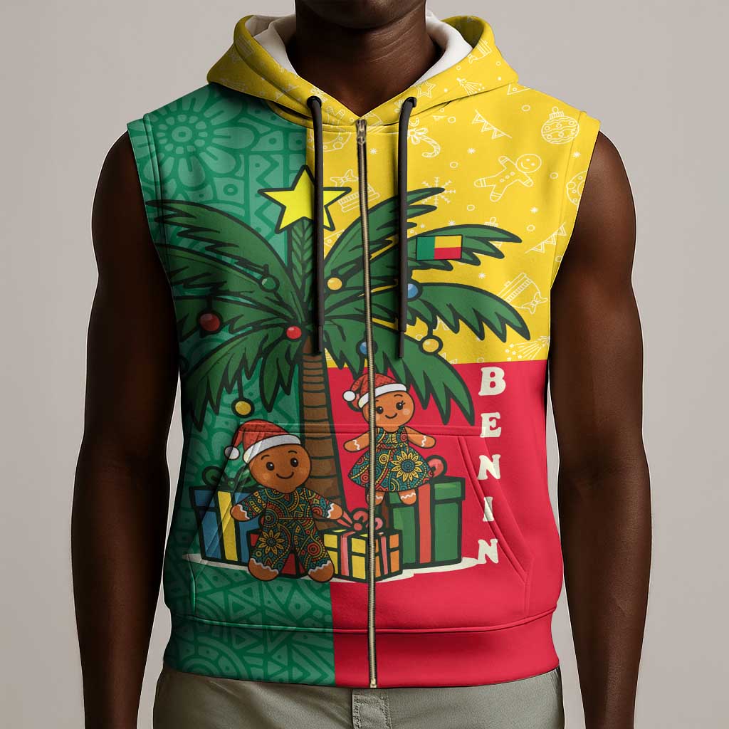 Benin Christmas Sleeveless Zip Hoodie Palm Tree Dolls and Red Yellow Green Festive - African Pride