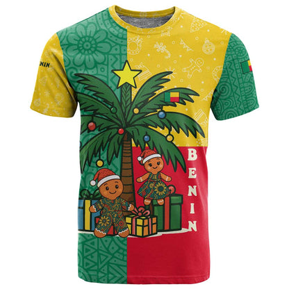 Benin Christmas T shirt Palm Tree Dolls and Red Yellow Green Festive - African Pride