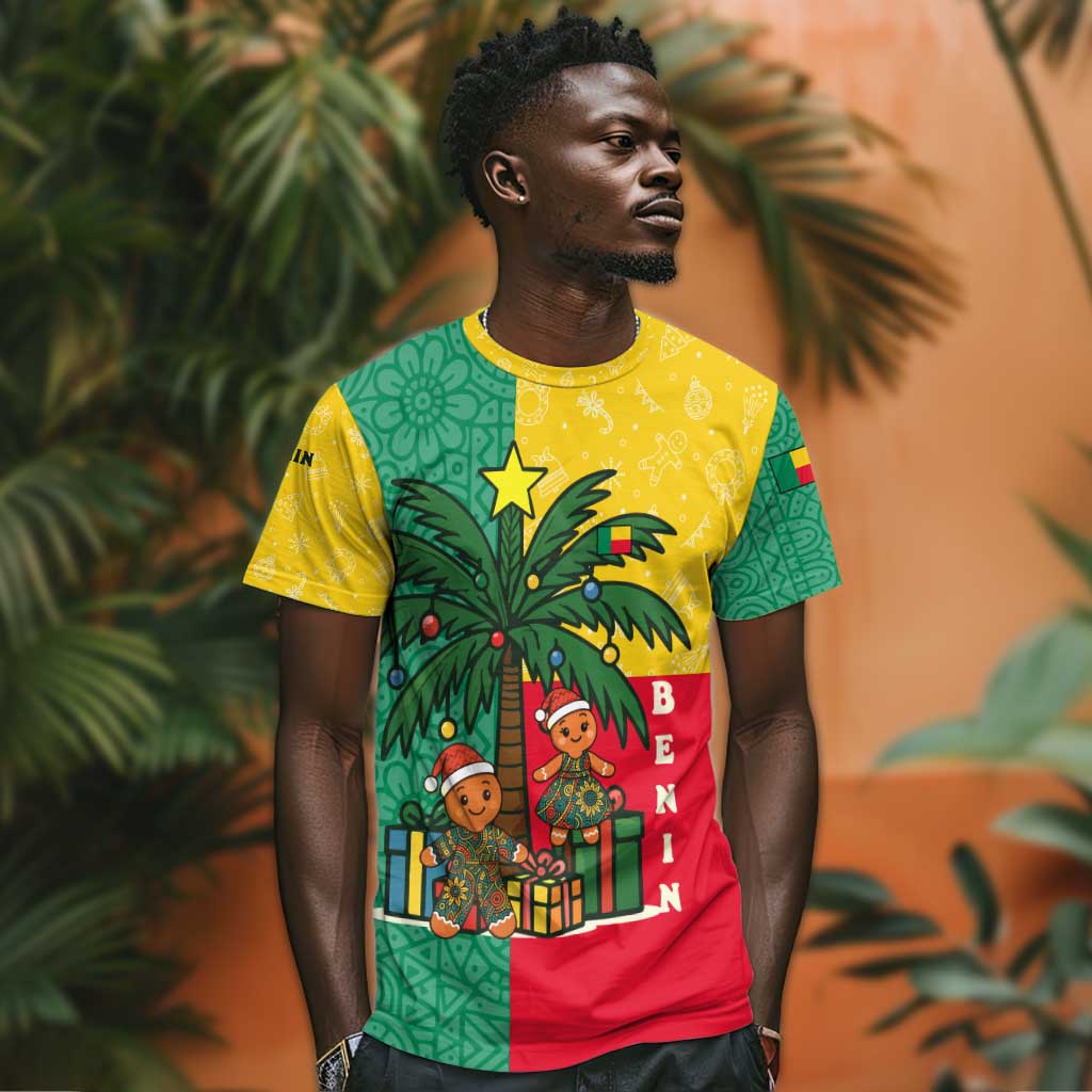 Benin Christmas T shirt Palm Tree Dolls and Red Yellow Green Festive - African Pride